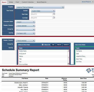 3 Screenshots showing report config &amp; resulting report format